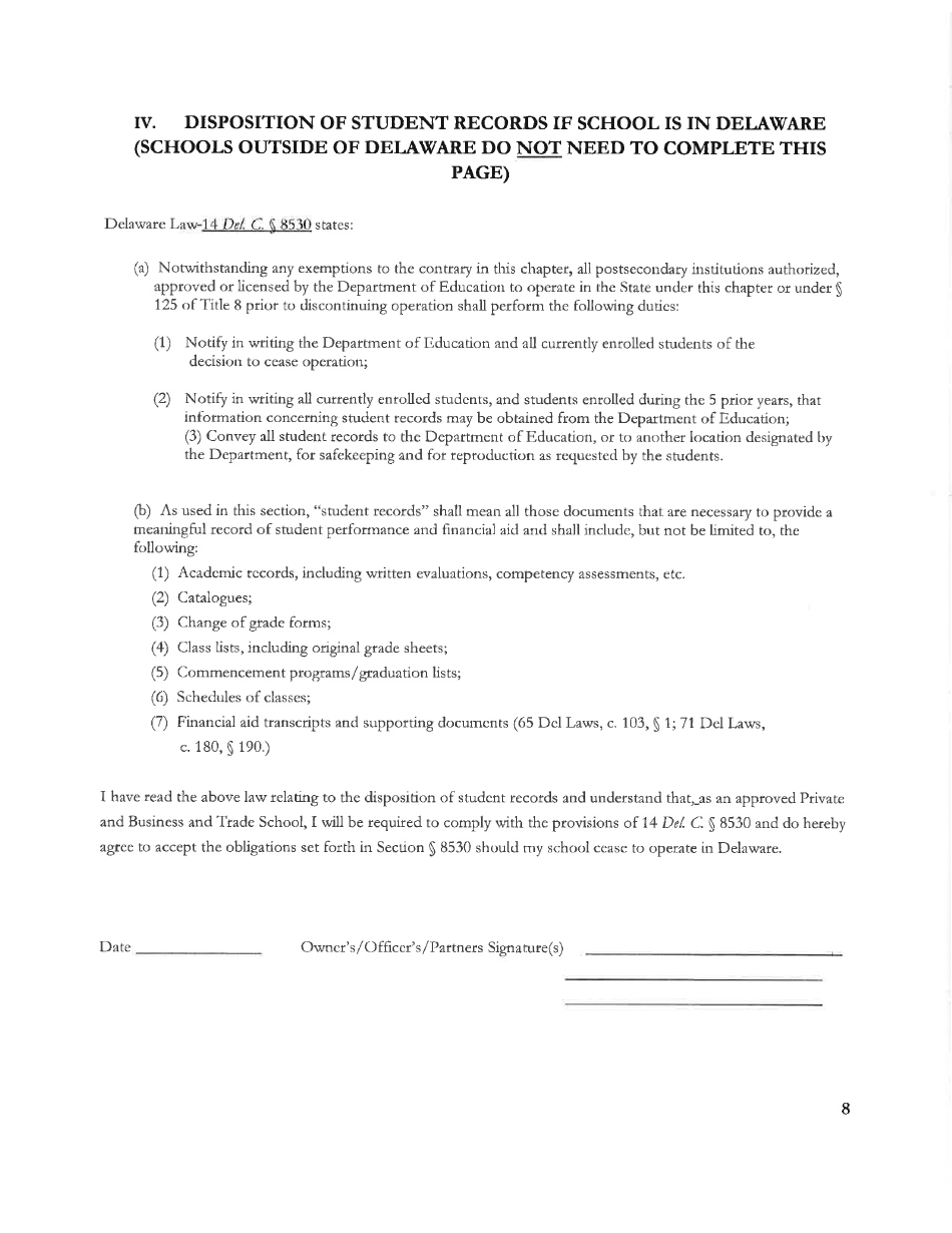 Delaware Certificate of Approval to Operate a Private Business and Trade School Under 14 Delc. Chapter 85 - Delaware, Page 8