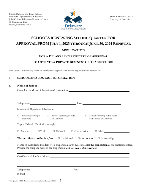 Delaware Certificate of Approval to Operate a Private Business or Trade School - 2nd Quarter Renewal Application - Delaware Download Pdf
