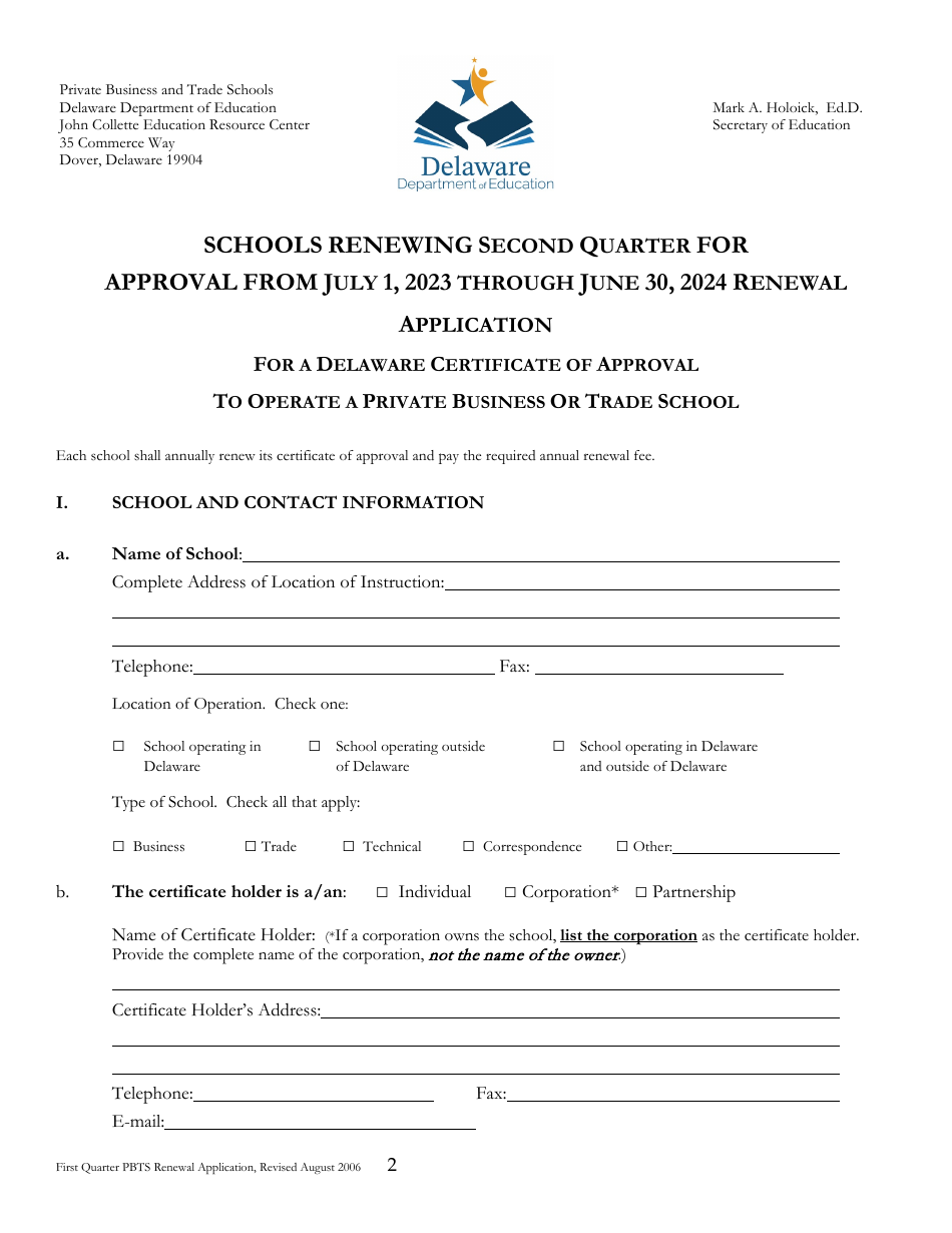 2024 Delaware Delaware Certificate Of Approval To Operate A Private   Delaware Certificate Of Approval To Operate A Private Business Or Trade School 2nd Quarter Renewal Application Delaware Print Big 