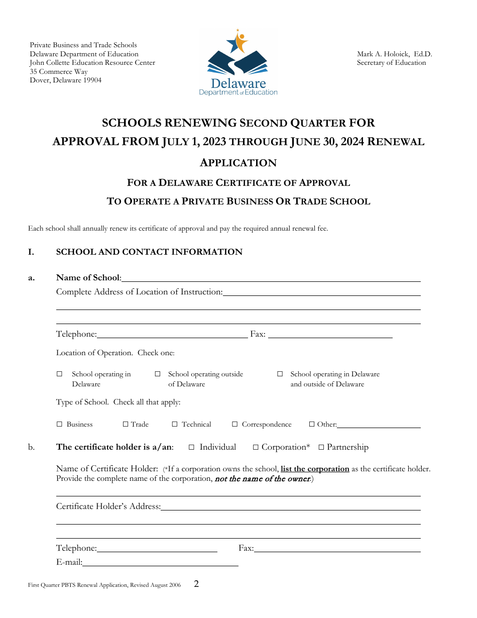 Delaware Certificate of Approval to Operate a Private Business or Trade School - 2nd Quarter Renewal Application - Delaware, Page 1