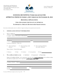 Document preview: Delaware Certificate of Approval to Operate a Private Business or Trade School - 3rd Quarter Renewal Application - Delaware, 2024