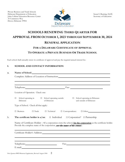Delaware Certificate of Approval to Operate a Private Business or Trade School - 3rd Quarter Renewal Application - Delaware, 2024