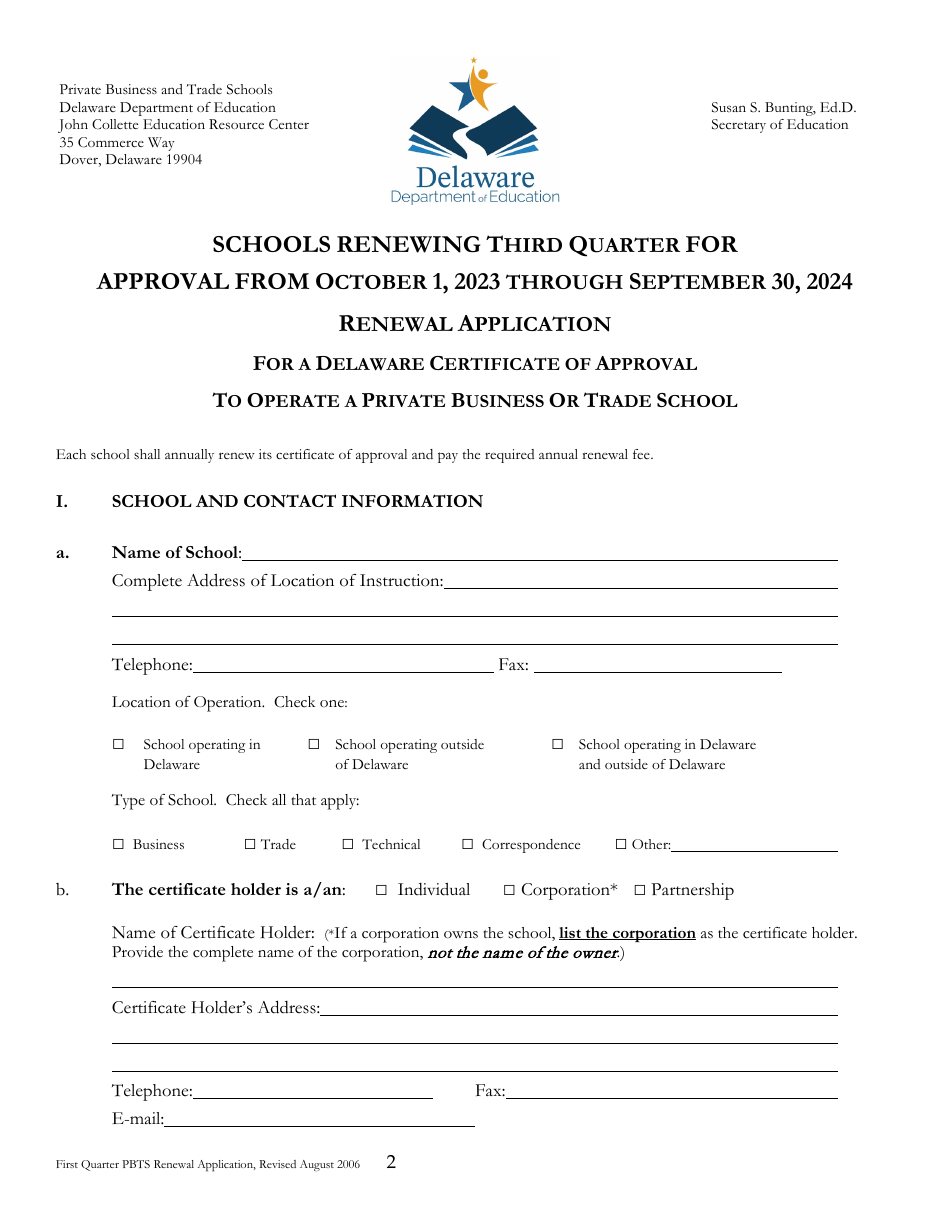 Delaware Certificate of Approval to Operate a Private Business or Trade School - 3rd Quarter Renewal Application - Delaware, Page 1