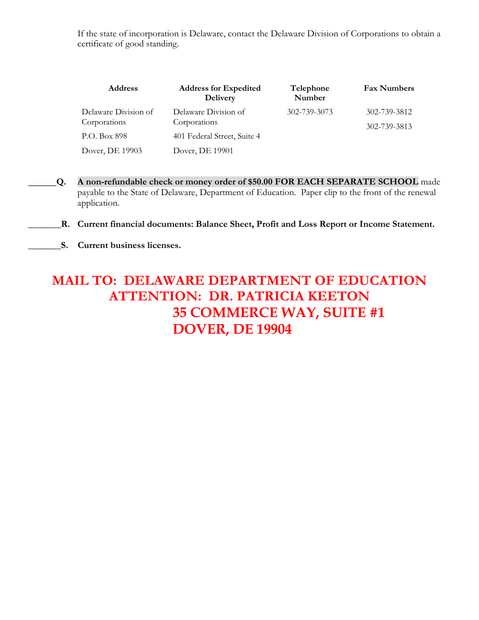 Delaware Certificate of Approval to Operate a Private Business or Trade School - 3rd Quarter Renewal Application - Delaware, Page 9