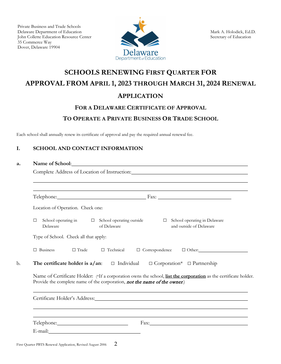 Delaware Certificate of Approval to Operate a Private Business or Trade School - 1st Quarter Renewal Application - Delaware, Page 1