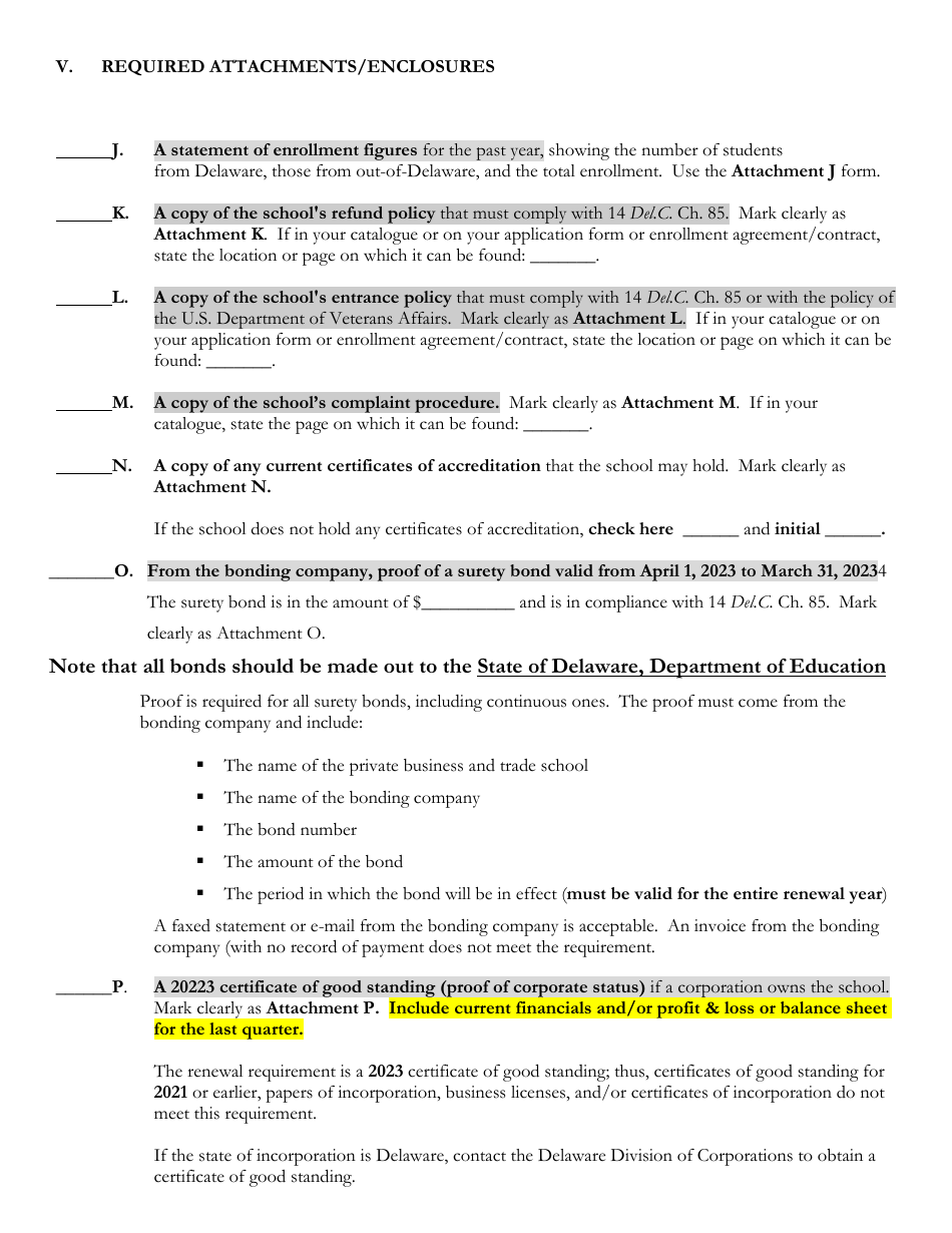 Delaware Certificate of Approval to Operate a Private Business or Trade School - 1st Quarter Renewal Application - Delaware, Page 8