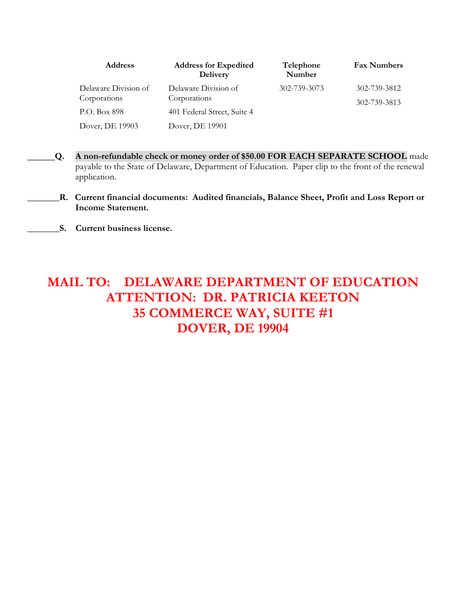 Delaware Certificate of Approval to Operate a Private Business or Trade School - 1st Quarter Renewal Application - Delaware, Page 9