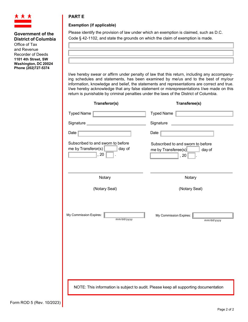 Form ROD5 Transfer of Economic Interest Tax Return - Washington, D.C., Page 2
