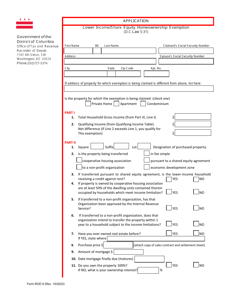 Form ROD9 Lower Income / Share Equity Homeownership Exemption Application - Washington, D.C., Page 5