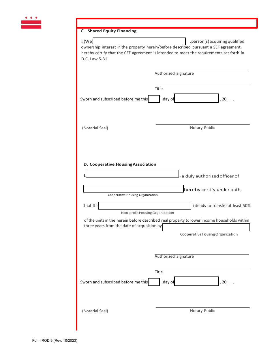 Form ROD9 Lower Income / Share Equity Homeownership Exemption Application - Washington, D.C., Page 9