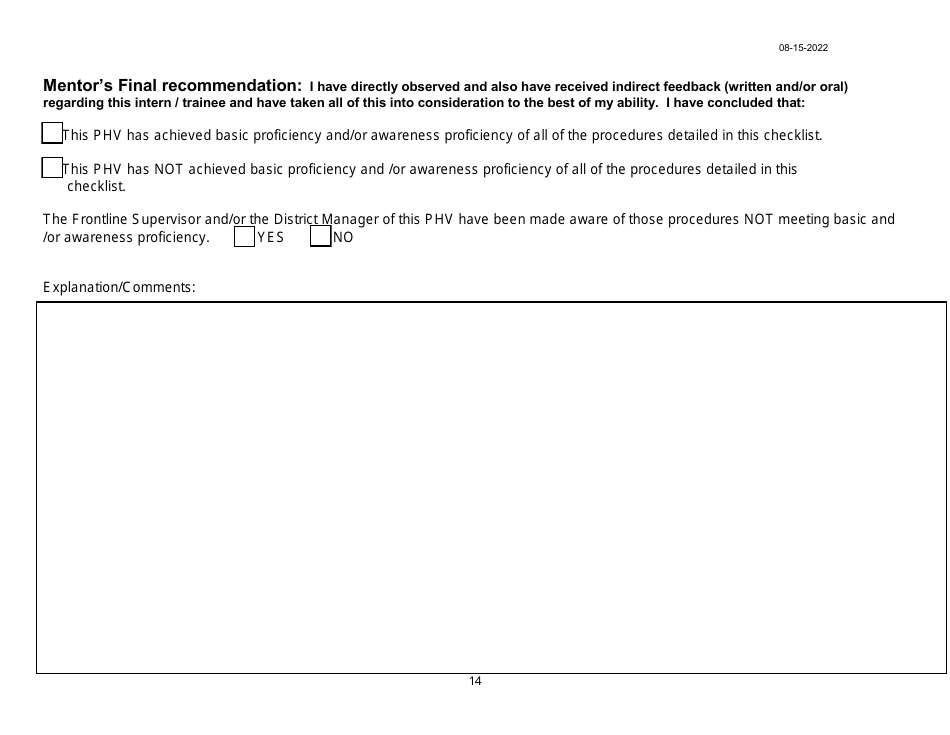 Phv Intern / Trainee Guide for Veterinary Mentors of Procedures to Demonstrate and Evaluate, Page 14