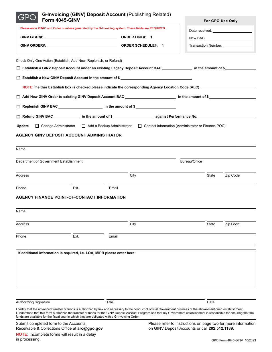 GPO Form 4045-GINV G-Invoicing (Ginv) Deposit Account (Publishing Related), Page 1