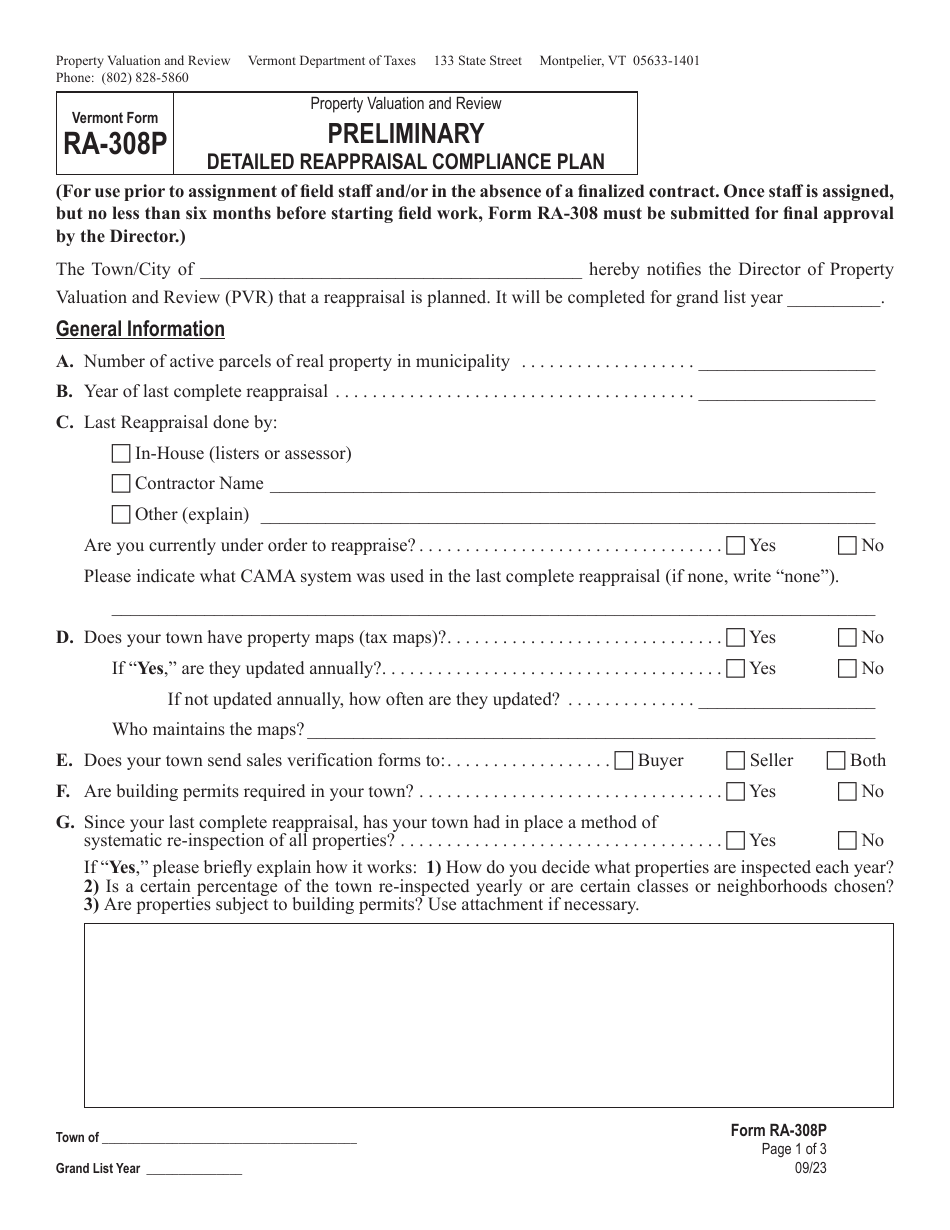 Form RA-308P Preliminary Detailed Reappraisal Compliance Plan - Vermont, Page 1