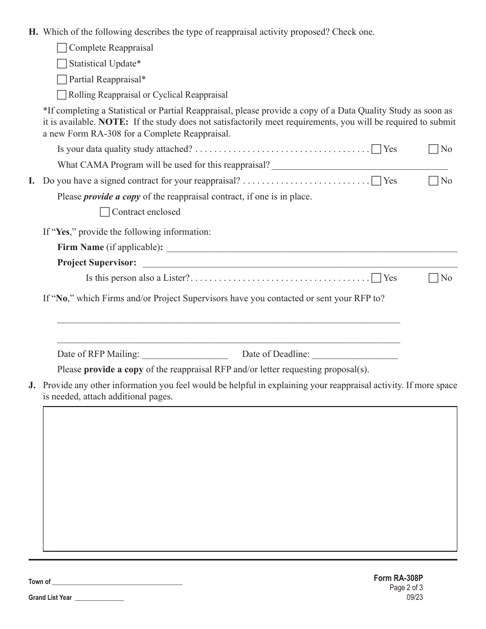 Form RA-308P Preliminary Detailed Reappraisal Compliance Plan - Vermont, Page 2
