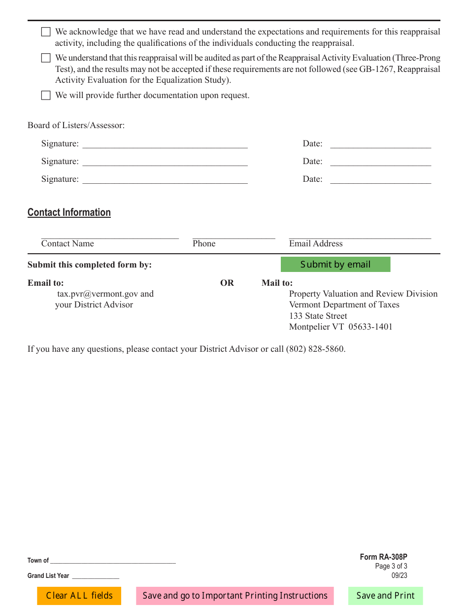 Form RA-308P Preliminary Detailed Reappraisal Compliance Plan - Vermont, Page 3