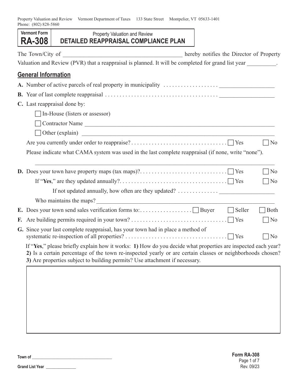 Form RA-308 Detailed Reappraisal Compliance Plan - Vermont, Page 1