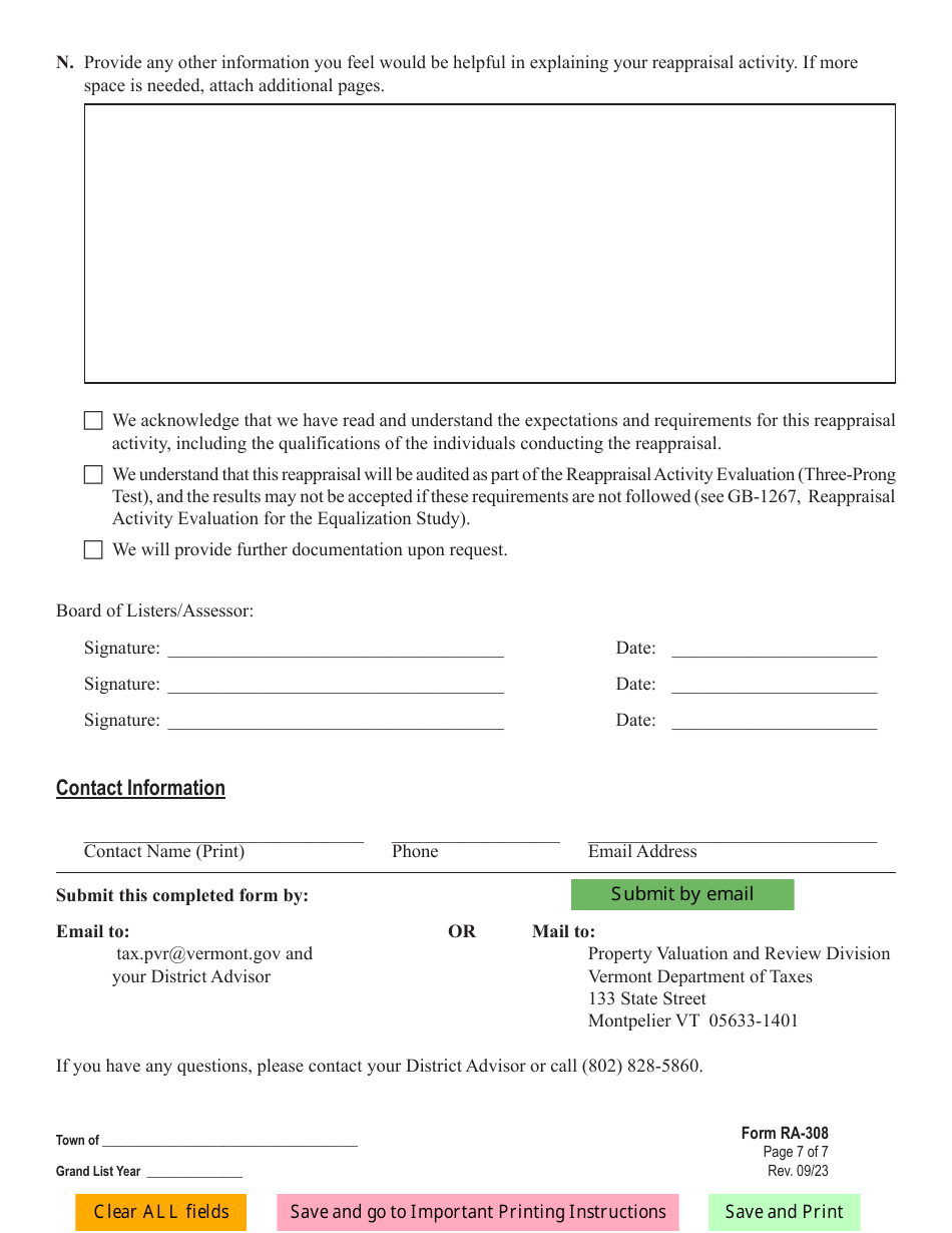 Form RA-308 Detailed Reappraisal Compliance Plan - Vermont, Page 7