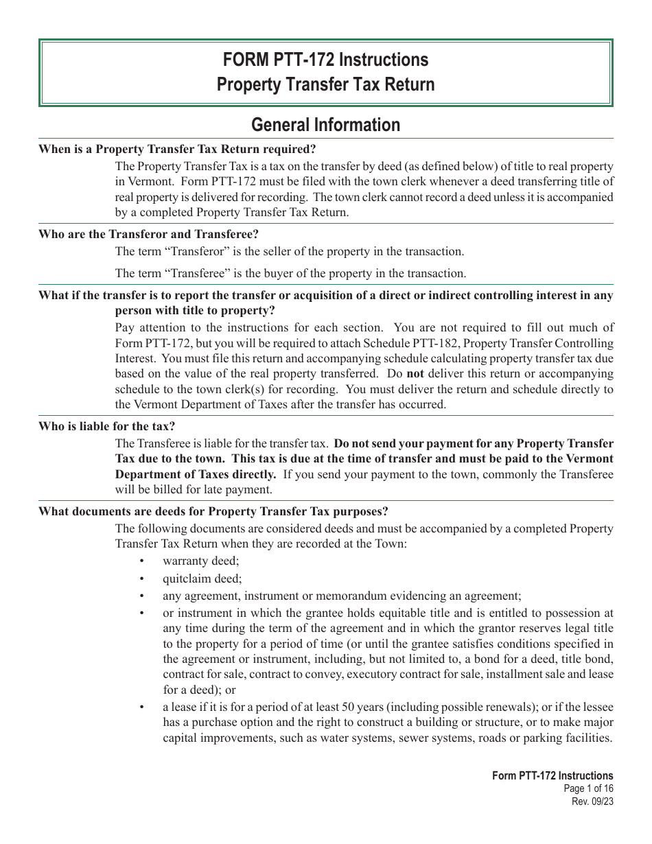 Download Instructions for Form PTT172 Vermont Property Transfer Tax