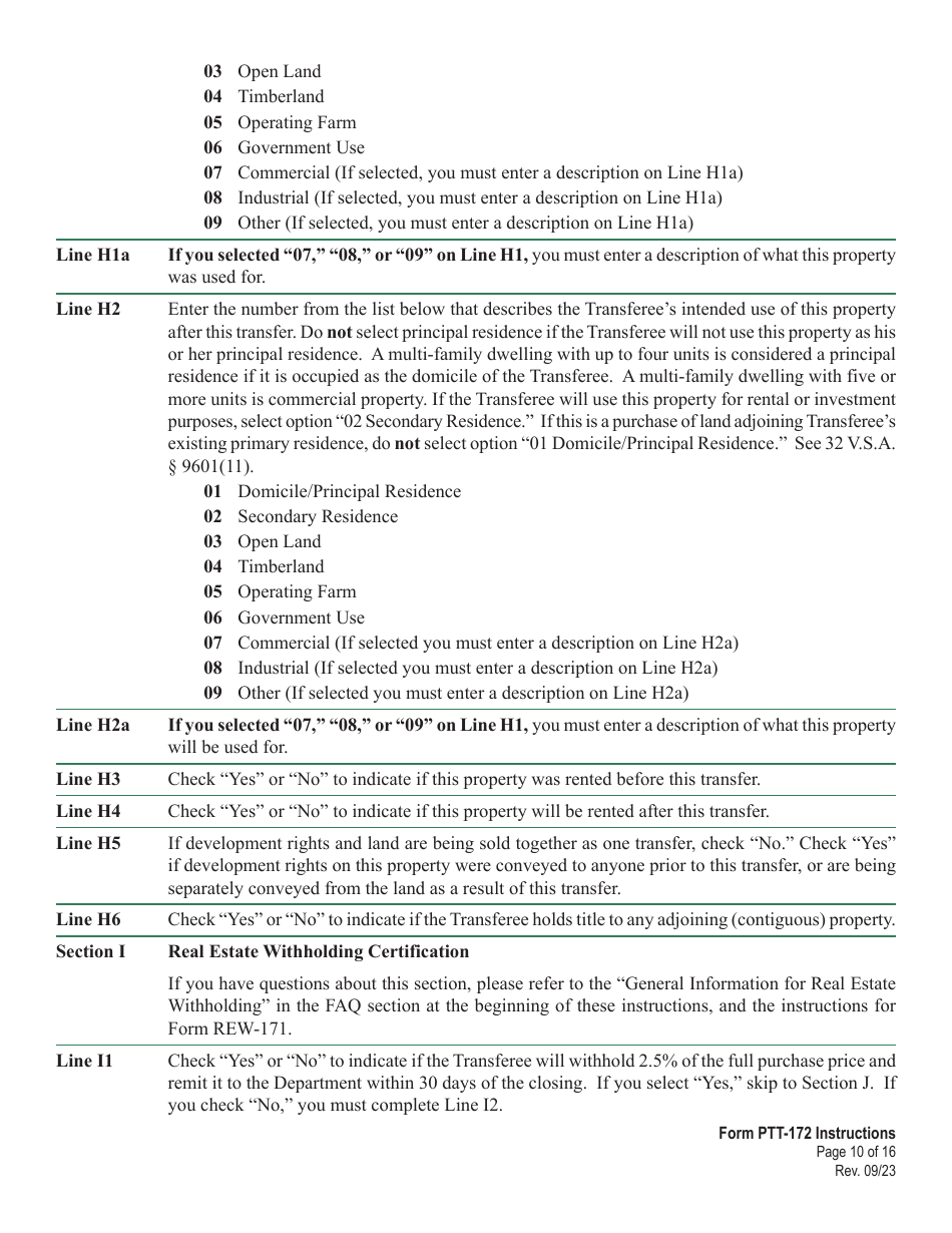 Download Instructions for Form PTT172 Vermont Property Transfer Tax