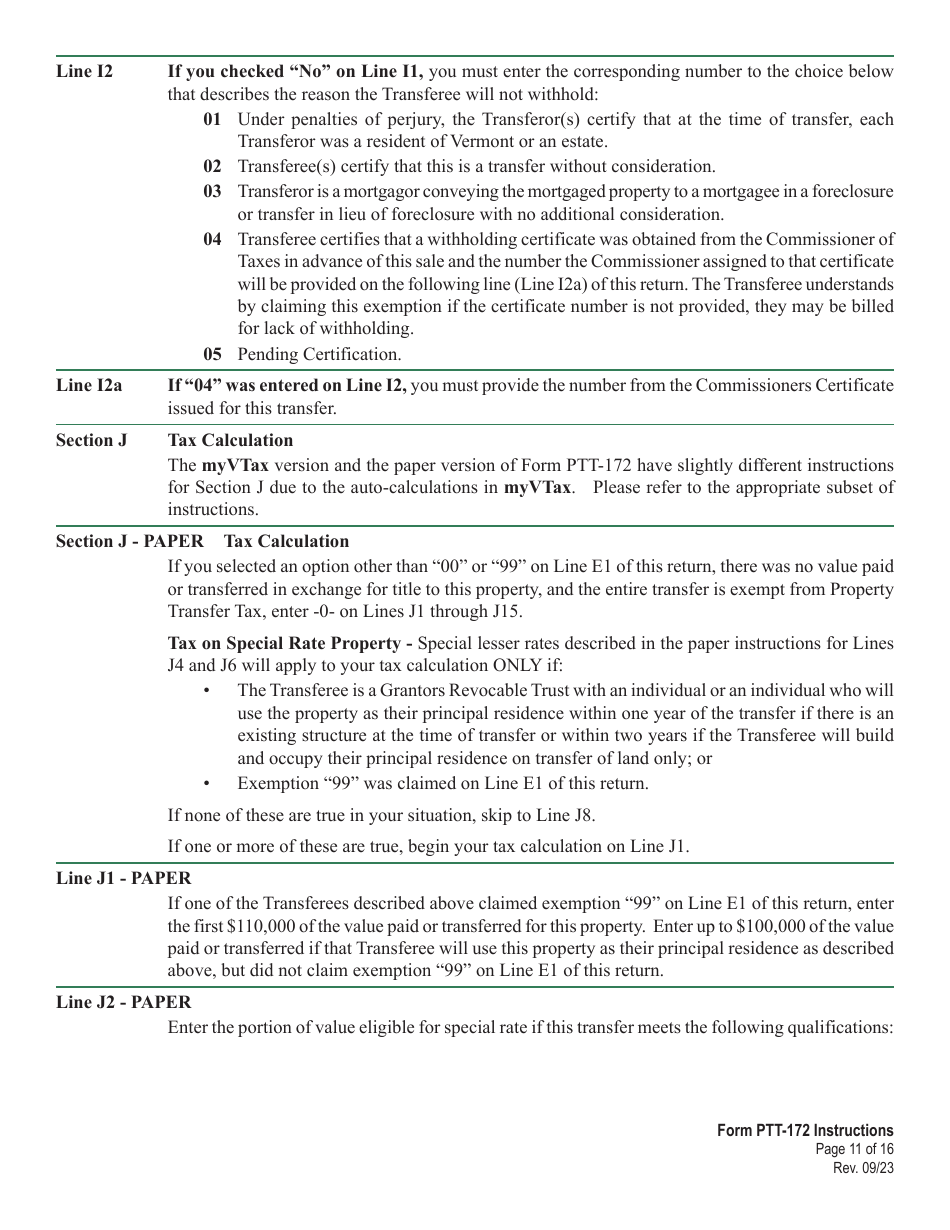 Download Instructions for Form PTT172 Vermont Property Transfer Tax