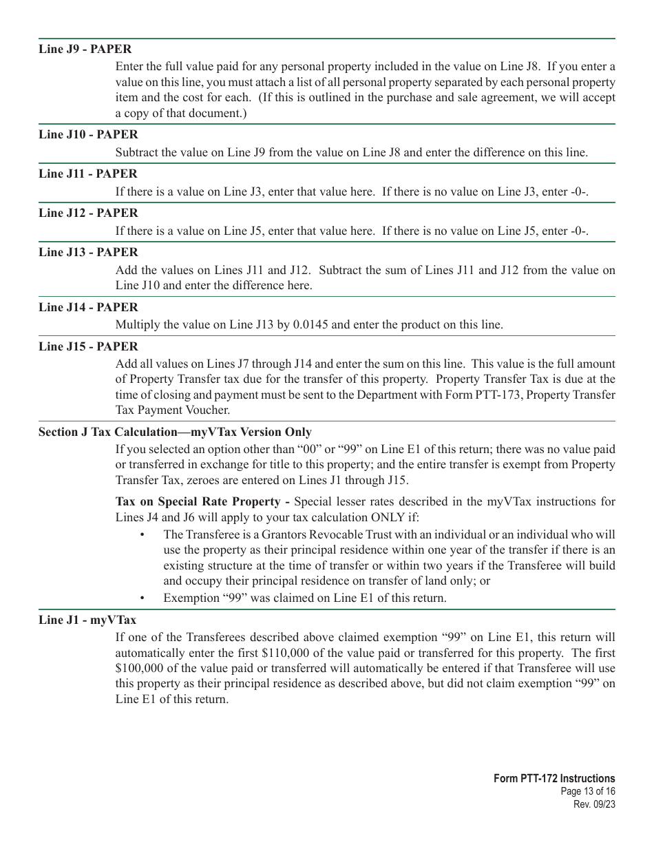 Download Instructions for Form PTT172 Vermont Property Transfer Tax