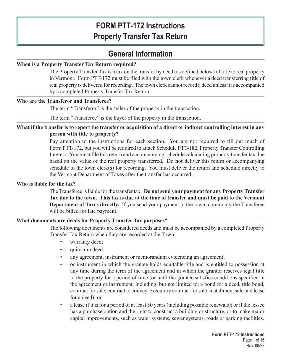 Instructions for Form PTT-172 Vermont Property Transfer Tax Return - Vermont, Page 1