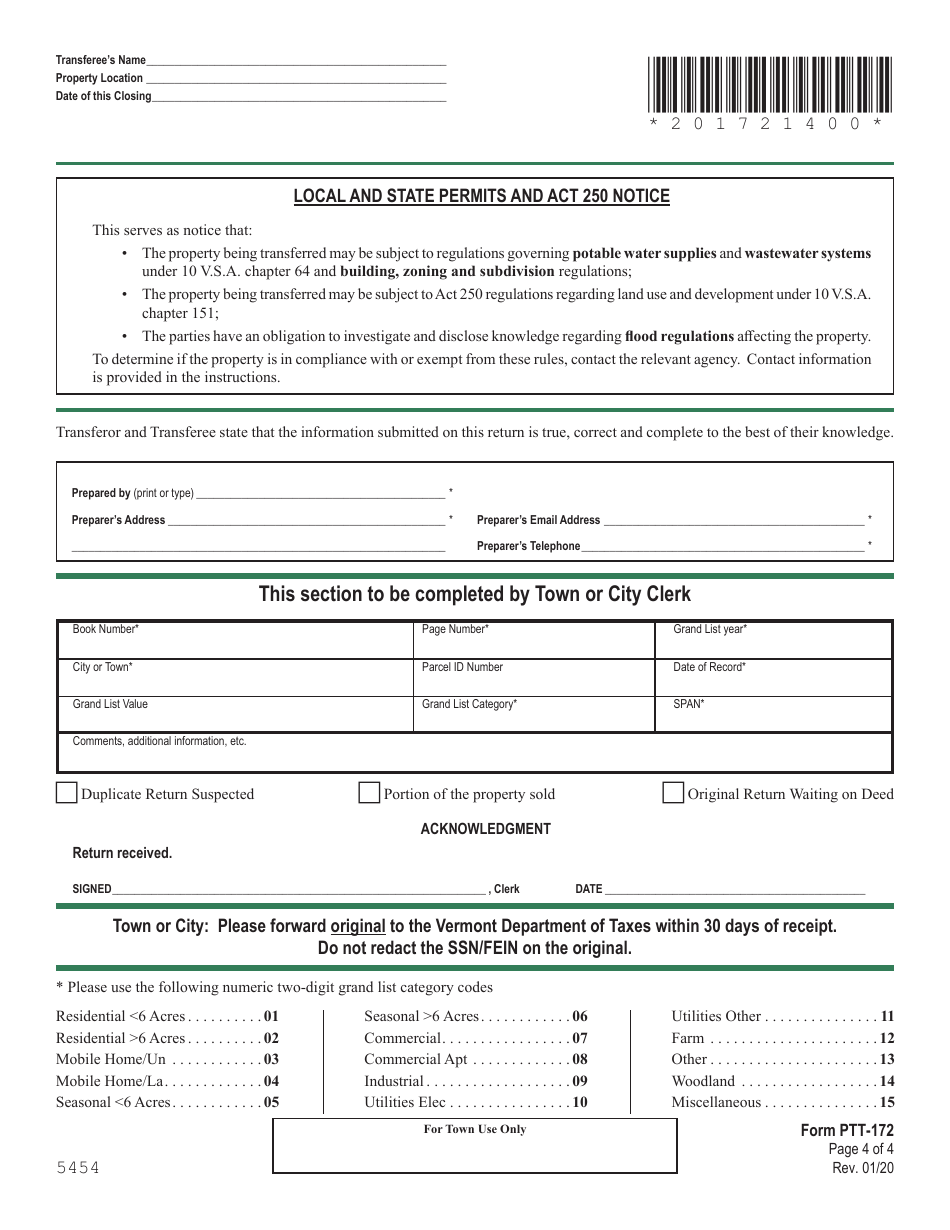 Download Instructions for Form PTT172 Vermont Property Transfer Tax
