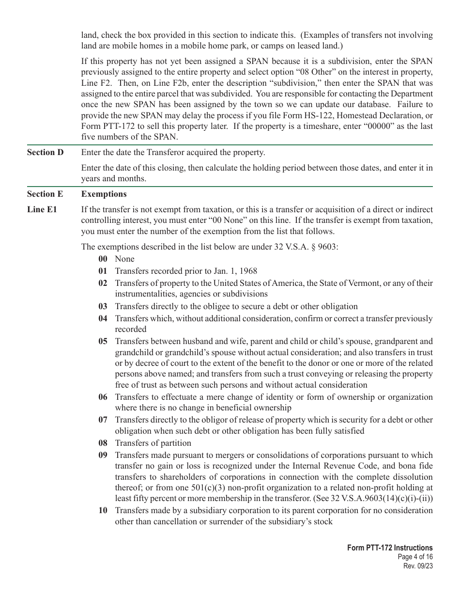 Download Instructions for Form PTT172 Vermont Property Transfer Tax
