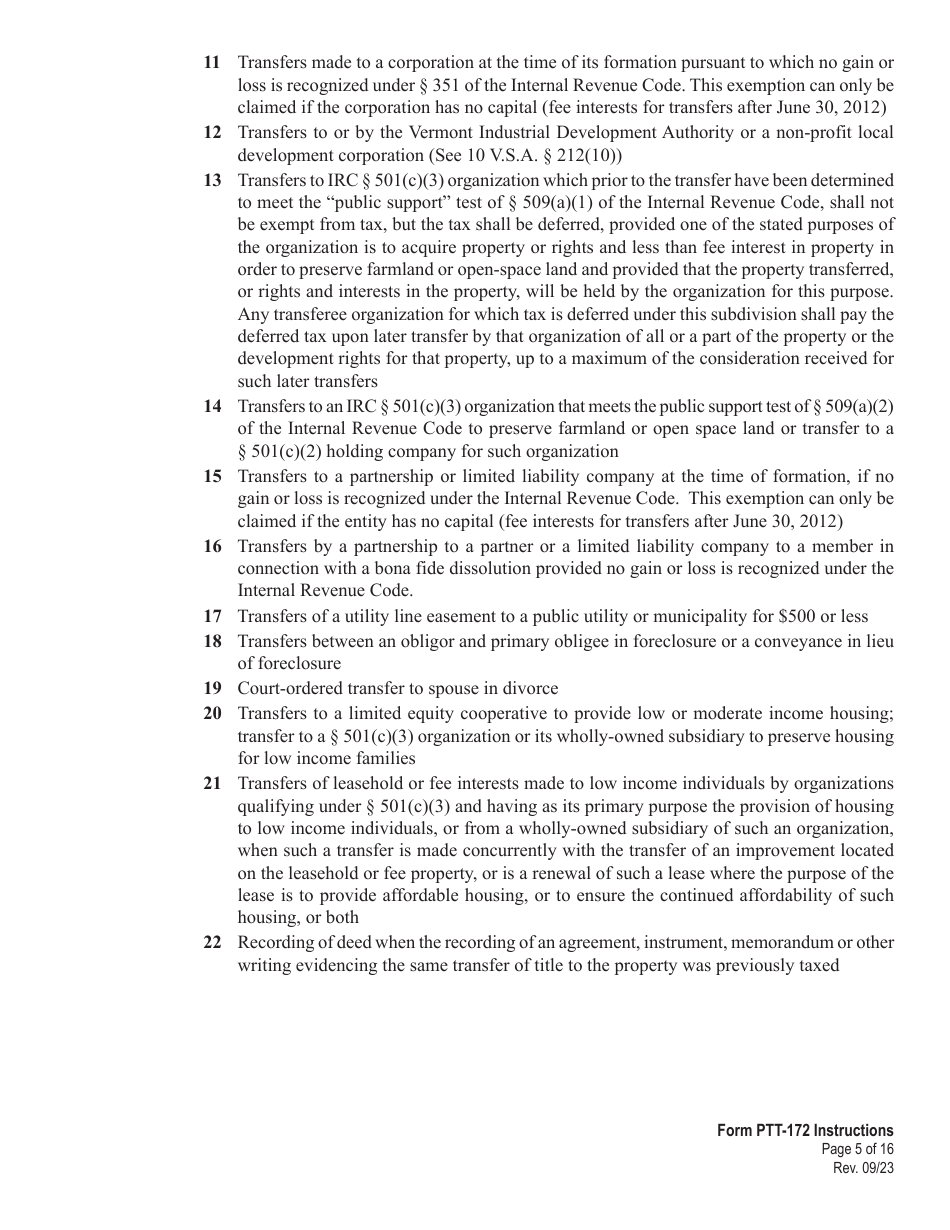 Download Instructions for Form PTT172 Vermont Property Transfer Tax