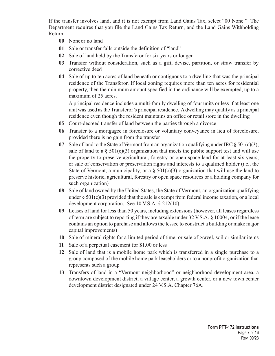 Download Instructions for Form PTT172 Vermont Property Transfer Tax