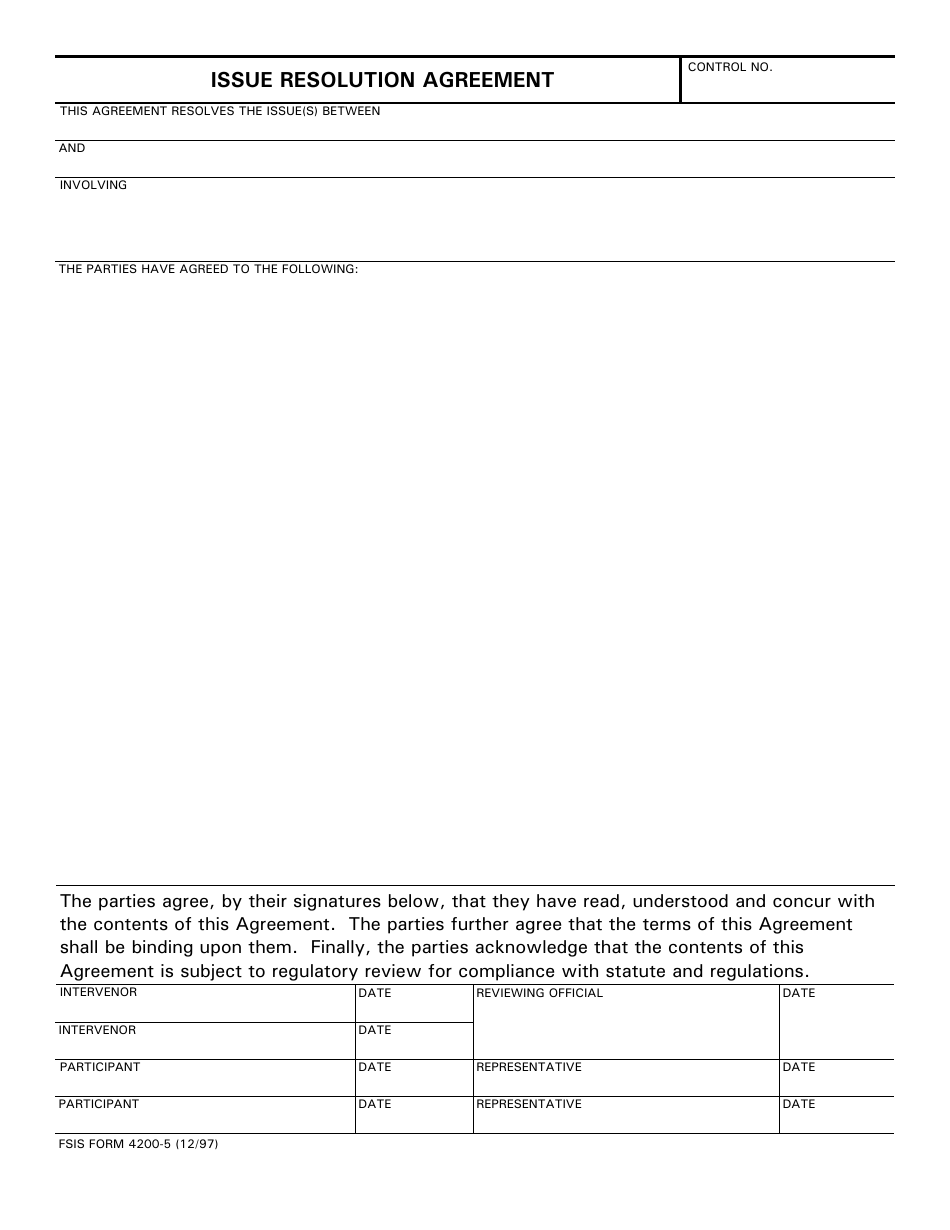 FSIS Form 4200-5 Issue Resolution Agreement, Page 1