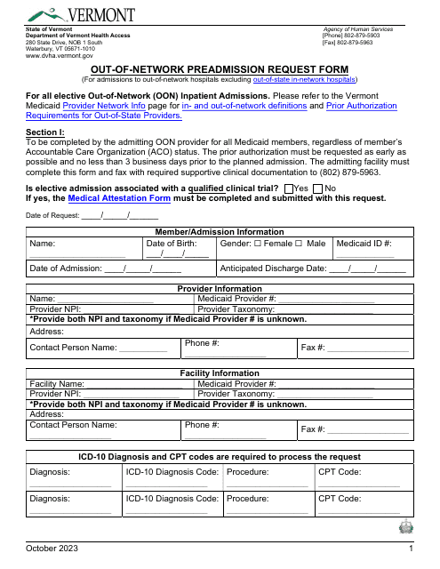 Out-Of-Network Preadmission Request Form - Vermont Download Pdf