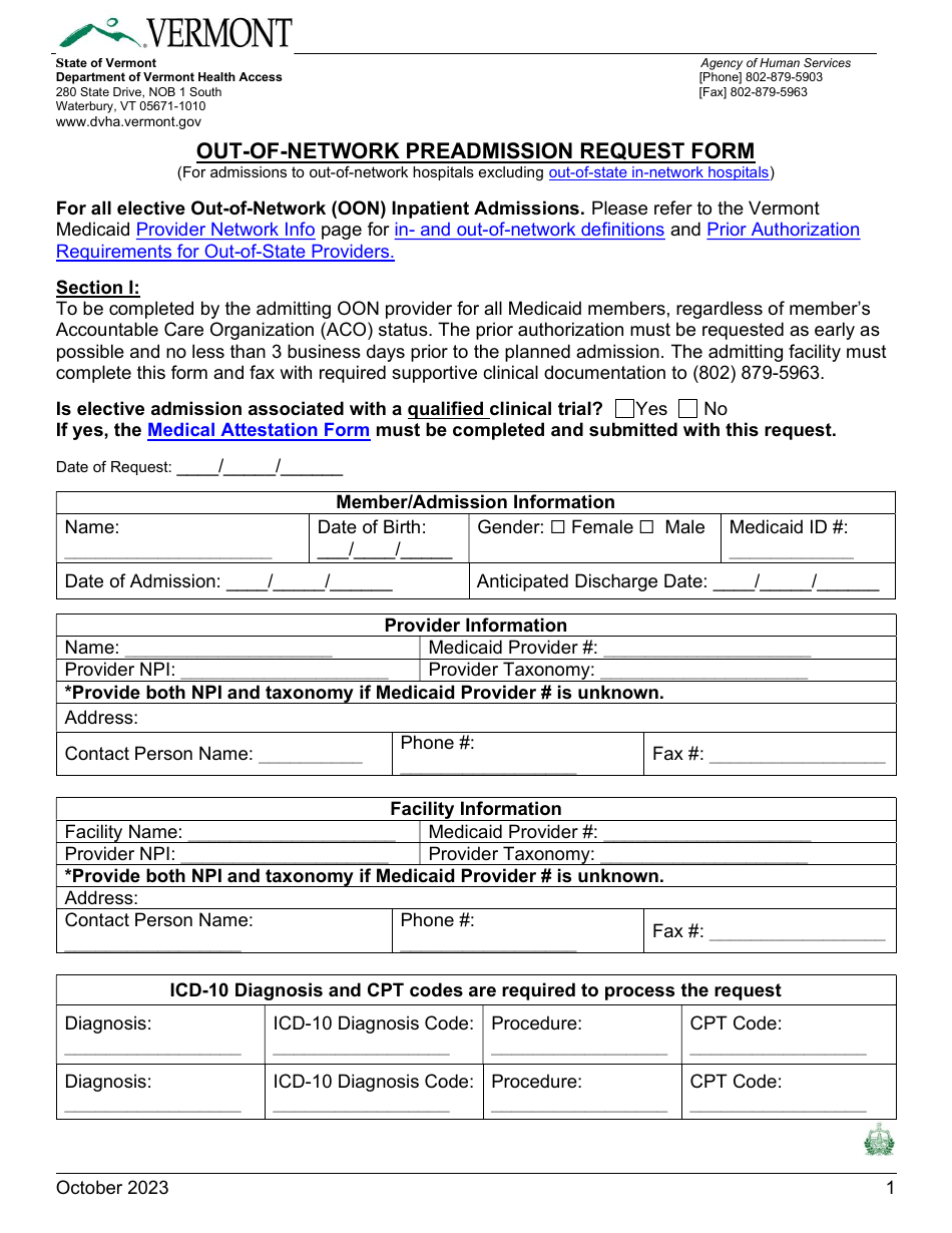 Out-Of-Network Preadmission Request Form - Vermont, Page 1