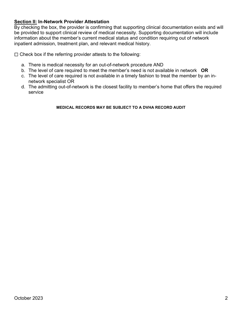Out-Of-Network Preadmission Request Form - Vermont, Page 2