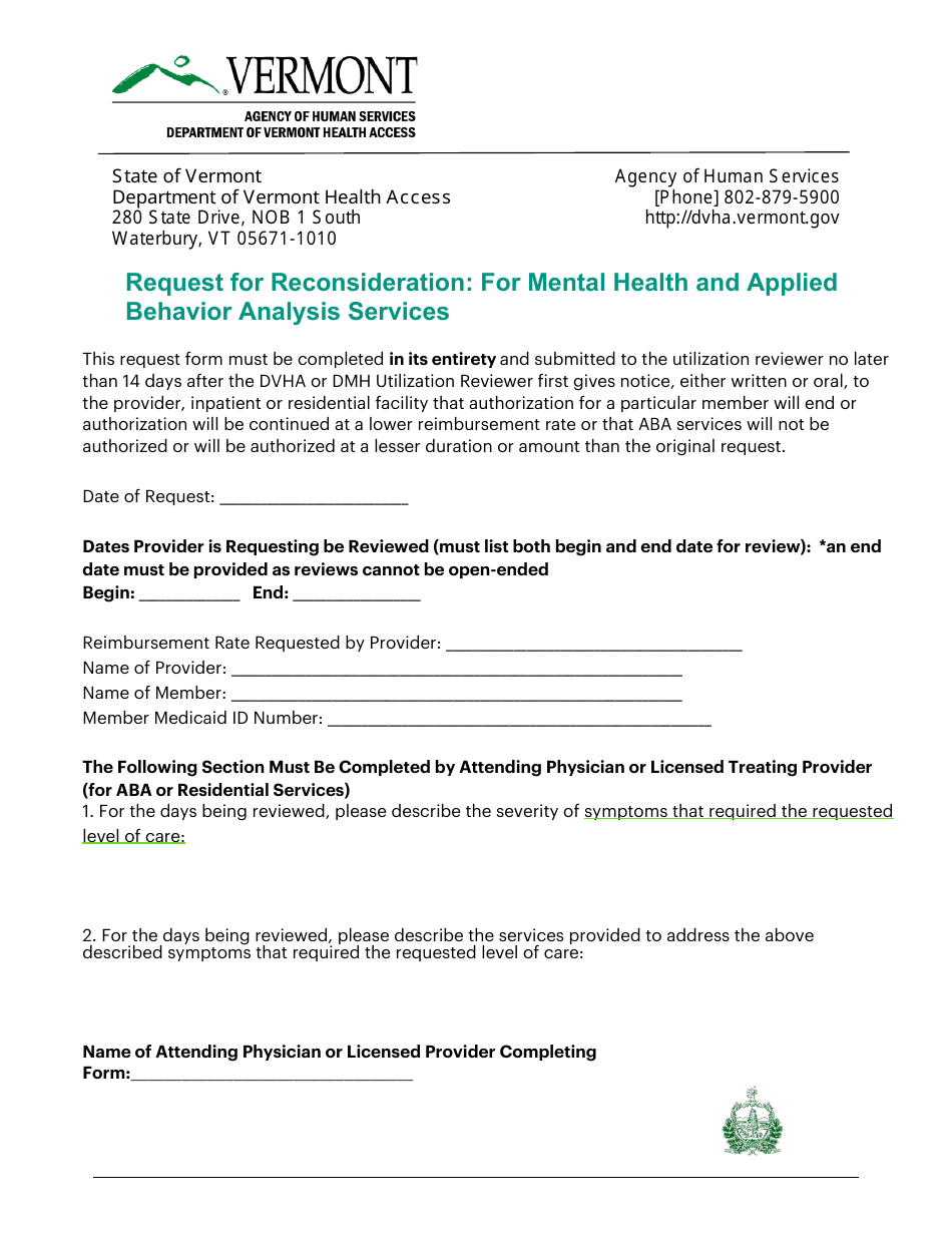 Request for Reconsideration: for Mental Health and Applied Behavior Analysis Services - Vermont, Page 1