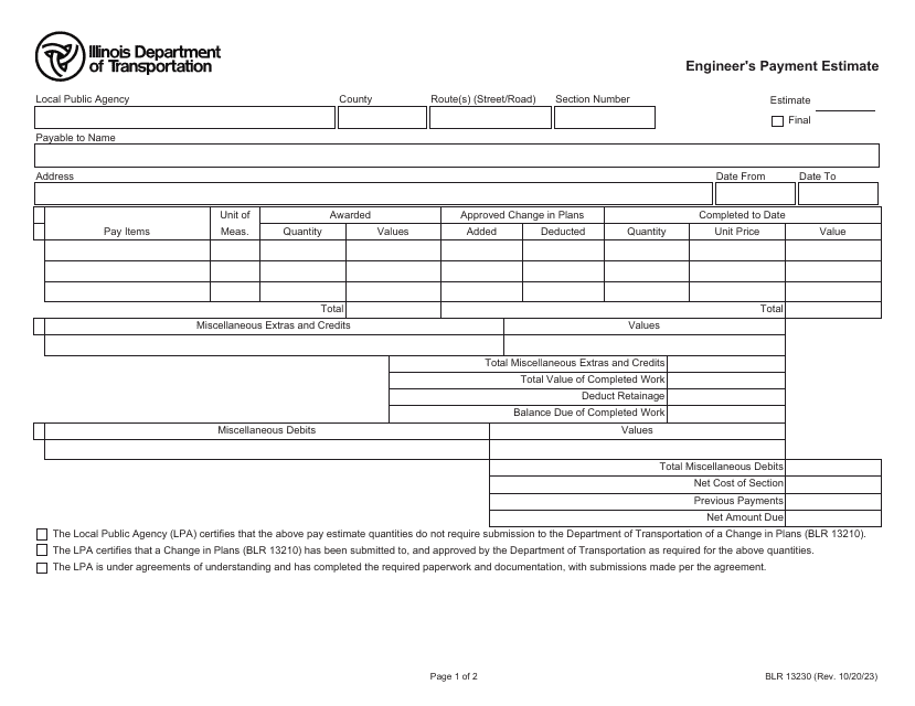 Form BLR13230 Engineer's Payment Estimate - Illinois