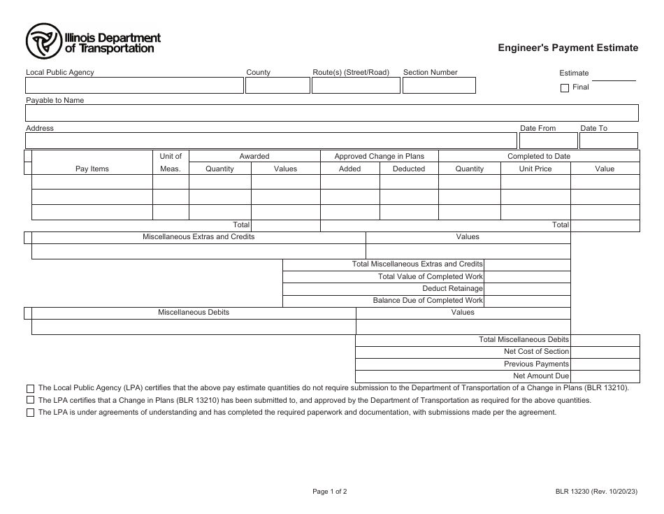 Form BLR13230 Engineers Payment Estimate - Illinois, Page 1