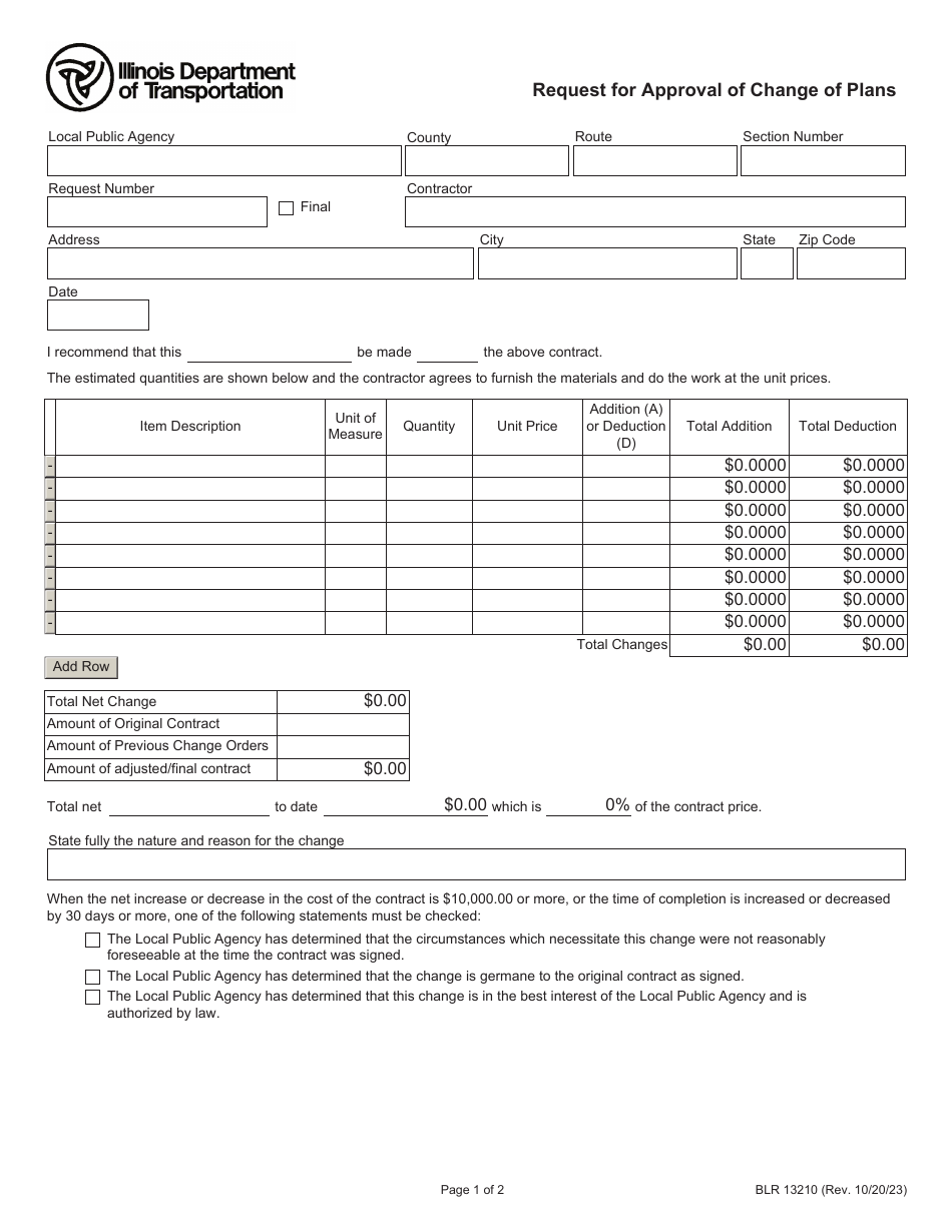 Form BLR13210 Request for Approval of Change of Plans - Illinois, Page 1
