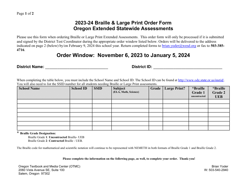 Braille & Large Print Order Form - Oregon Extended Statewide Assessments - Oregon, 2024