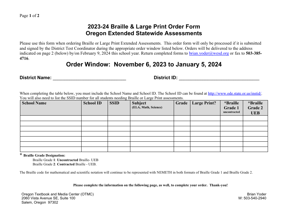 Braille  Large Print Order Form - Oregon Extended Statewide Assessments - Oregon, Page 1