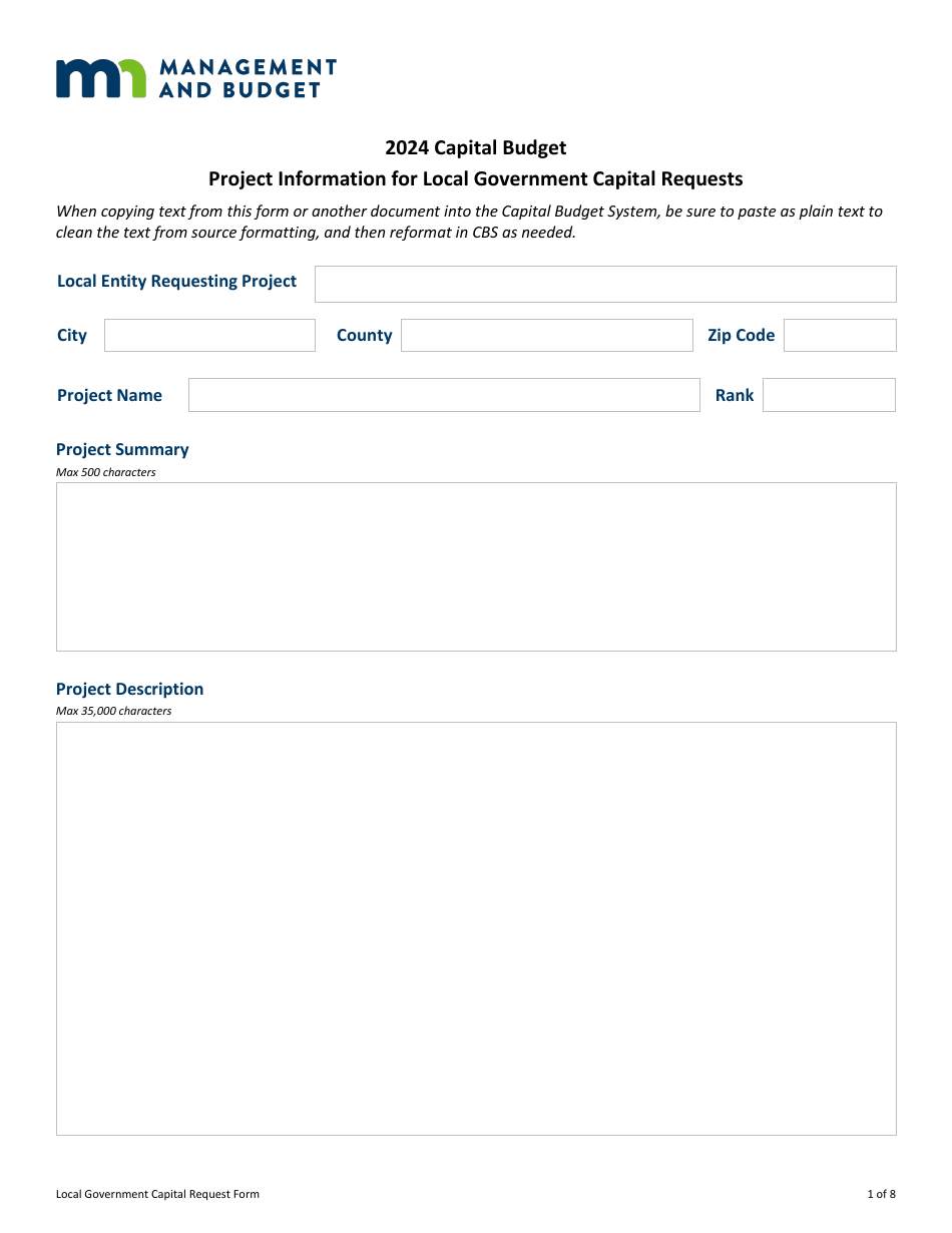 Capital Budget Project Information for Local Government Capital Requests - Minnesota, Page 1