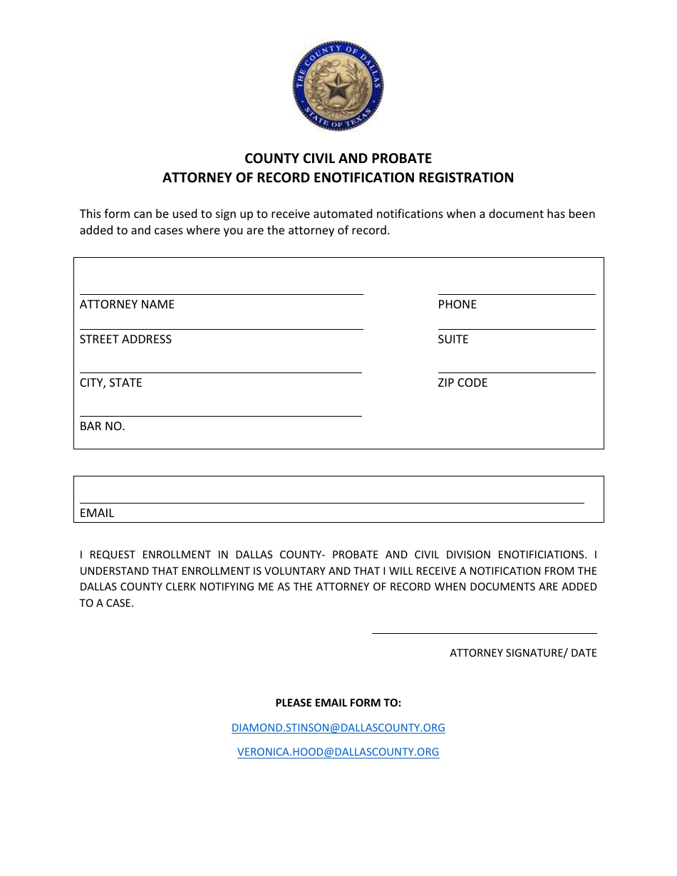 Attorney of Record Enotification Registration - Dallas County, Texas, Page 1
