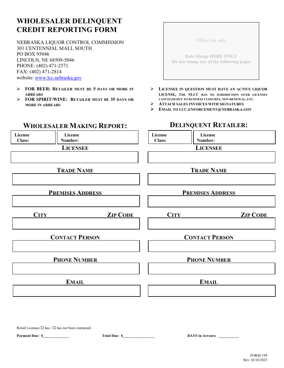 Form 199 Wholesaler Delinquent Credit Reporting Form - Nebraska, Page 1