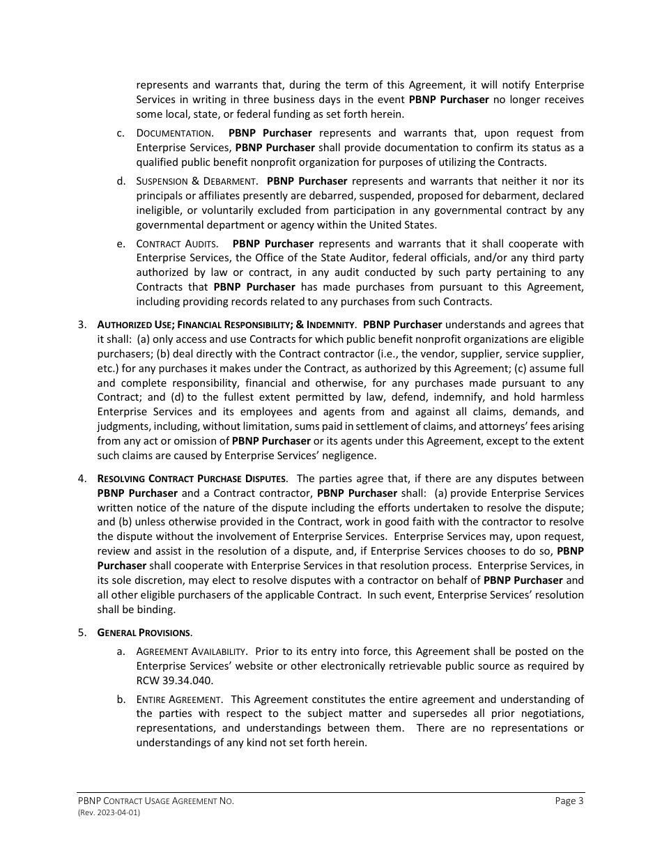 Public Benefit Nonprofit Organization (Pbnp) Contract Usage Agreement for Designated Enterprise Procurement Solutions for Goods / Services (contracts) - Washington, Page 3