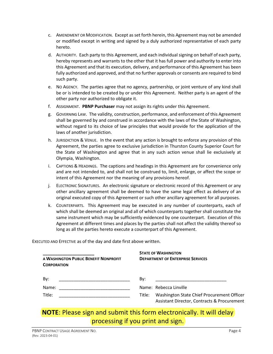 Public Benefit Nonprofit Organization (Pbnp) Contract Usage Agreement for Designated Enterprise Procurement Solutions for Goods / Services (contracts) - Washington, Page 4