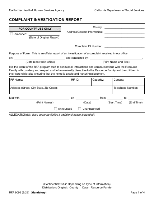 Form RFA9099 Complaint Investigation Report - California