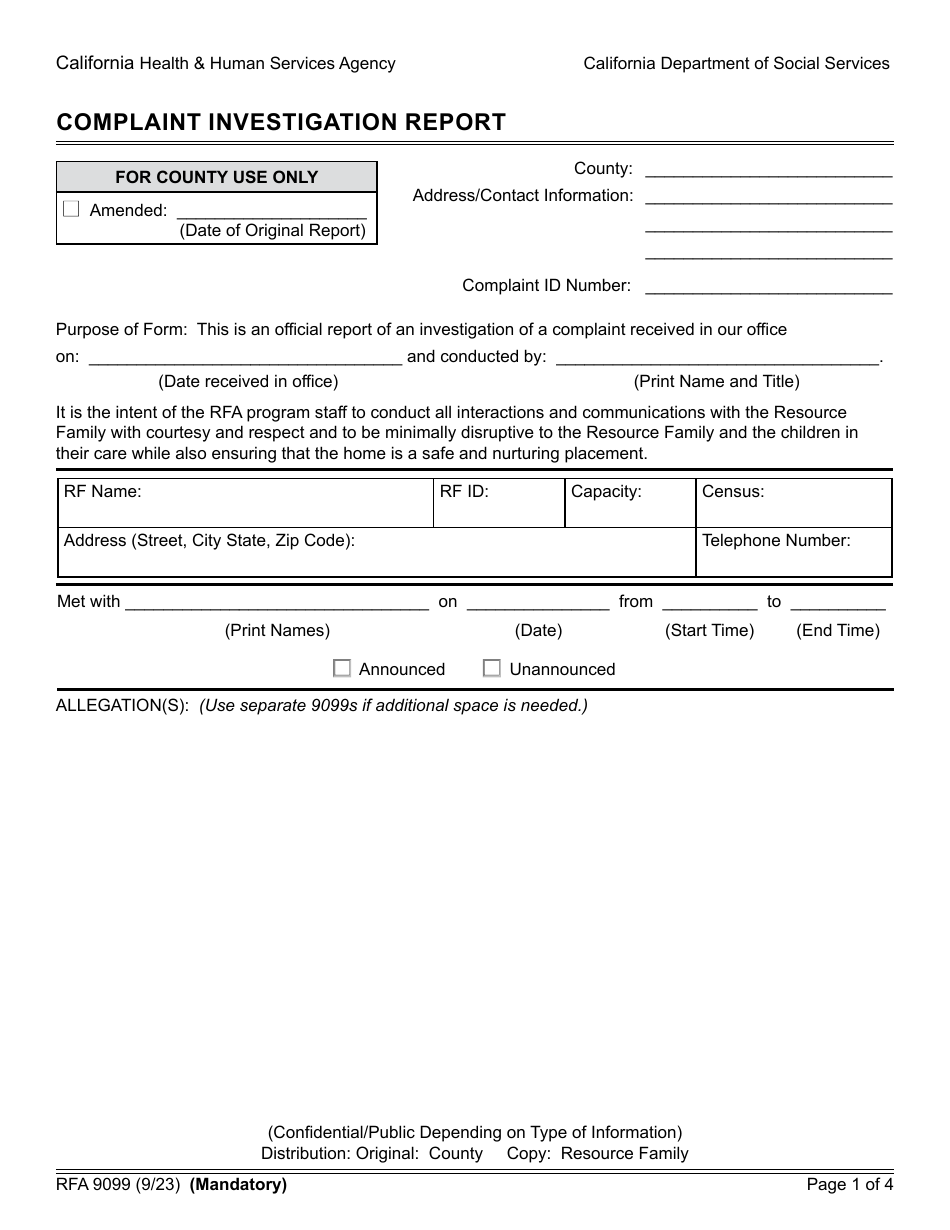 Form RFA9099 Complaint Investigation Report - California, Page 1