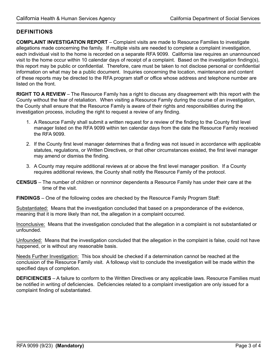Form RFA9099 Complaint Investigation Report - California, Page 3