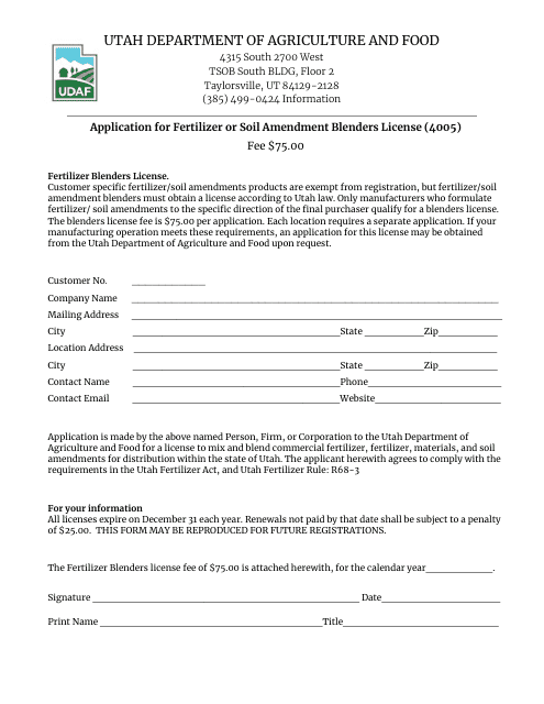 Form 4005 Application for Fertilizer or Soil Amendment Blenders License - Utah