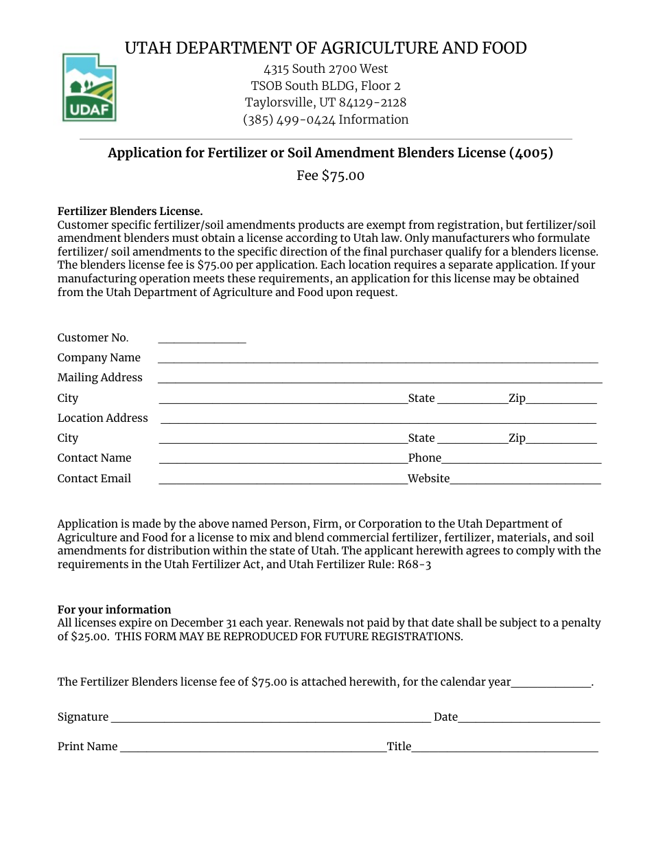 Form 4005 Application for Fertilizer or Soil Amendment Blenders License - Utah, Page 1